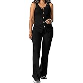 CHICME Womens Ribbed Pajamas Set 2 Piece Sleeveless Button Down Top Long Pants Loungewear Pj Set with Pockets Spring Fall