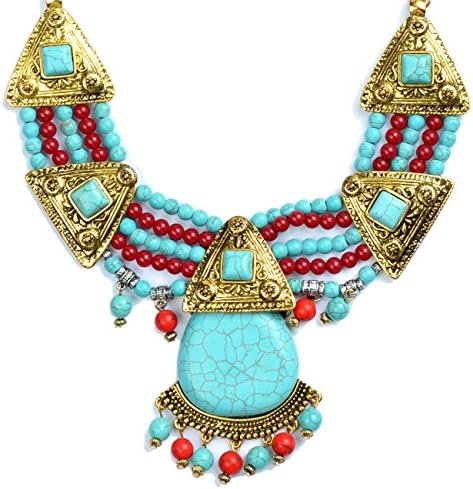 Retro Design Bohemian Turquoise Beads Statement Pendant Necklace (Gold)