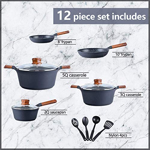 Kitchen Academy 12 Piece Nonstick Granite Stone Cookware Pots and Pans Set with 4 PC Silicone Hot Handle Holder, Induction Set - Dishwasher Safe