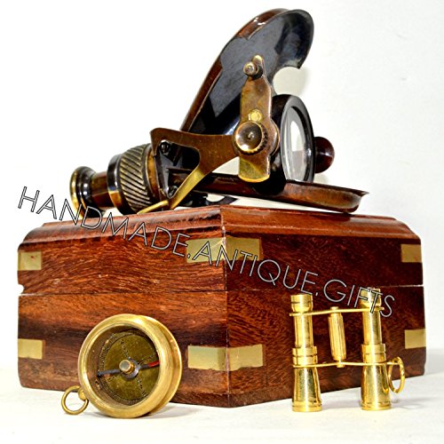 VINTAGE HANDMADE STYLE TELESCOPE BINOCULAR MONOCULAR SET W/WOOD BOX GIFT 01