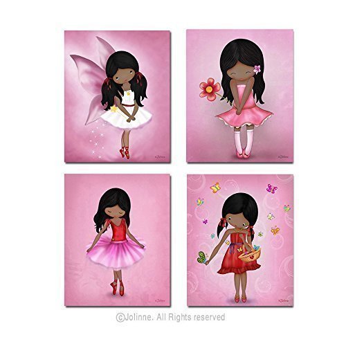 African American Girls Artwork Set of 4 Art Prints for Kids Bedroom Baby Nursery Pink Room Decoration Posters 8