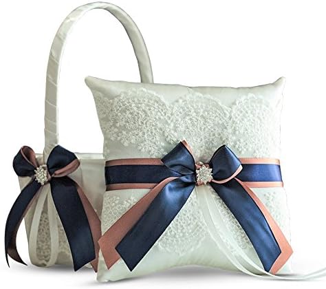 Alex Emotions Ivory Ring Bearer Pillow and Basket Set | Lace Collection | Flower Girl &amp; Welcome Basket For Guest | Handmade Wedding Baskets &amp; Pillows (NAVY ROSE GOLD)