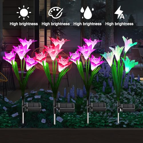 Dolucky Solar Garden Lights, 4 Pack Solar Lights Outdoor with 16 Lily Flowers, Multicolor Changing Solar Flower Lights Waterproof for Patio Lawn Garden Yard Pathway Outside Decoration
