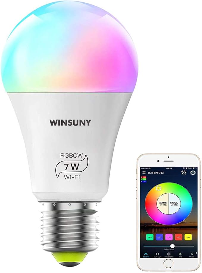 WINSUNY Bombilla LED Inteligente, E26 RGBW WiFi Smart Bulb 7W 600lm