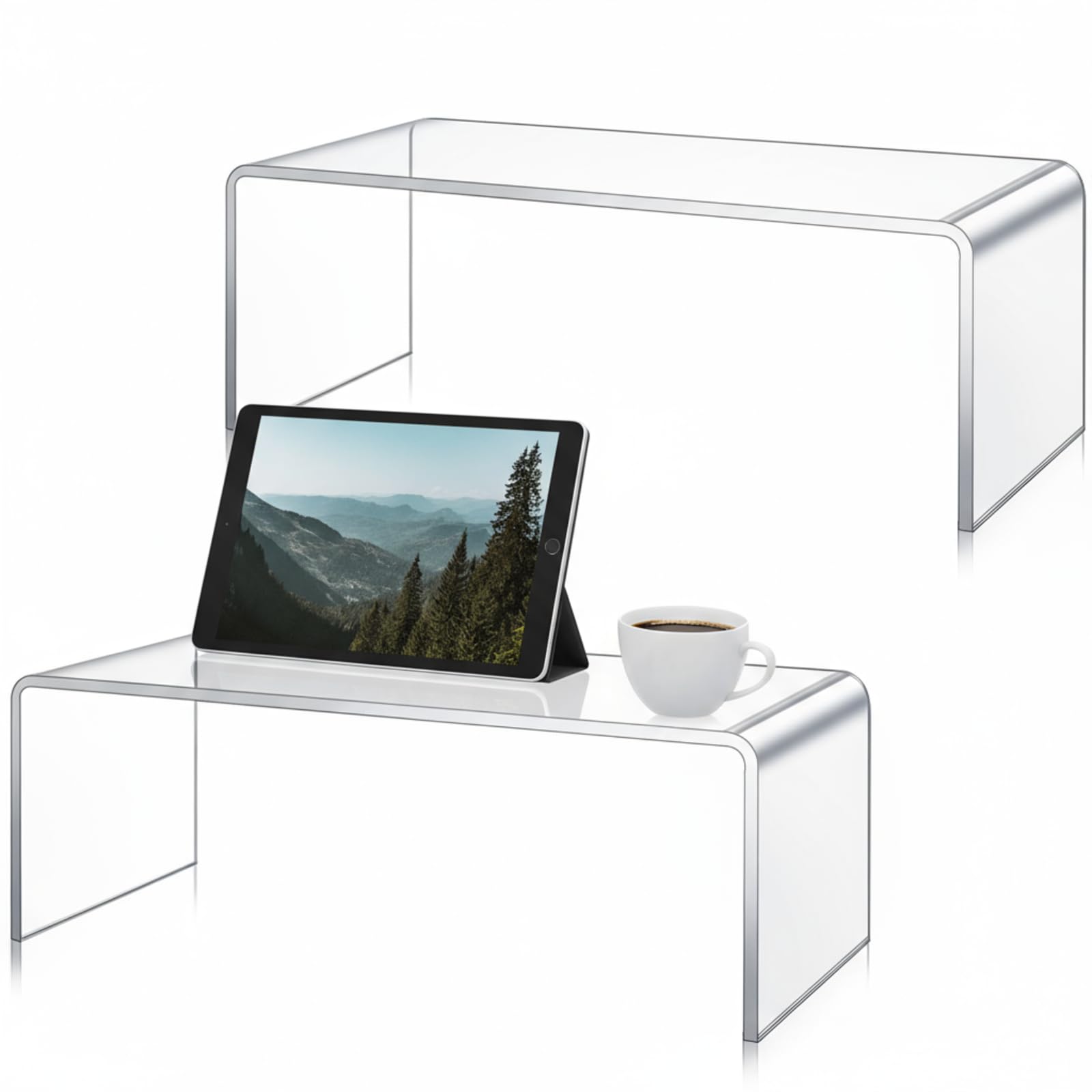 Photo 1 of RattanView 2 Pcs 17 inch Large Acrylic Risers Display Stands 8 mm Thick Acrylic Shelf Riser Showcase for Collectibles Jewelry Cupcakes Food Figures Perfume Cabinet (Clear)