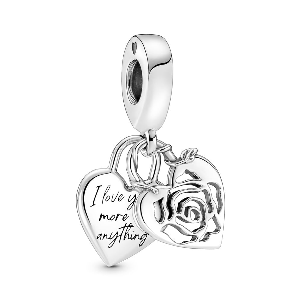 PANDORA Rose Heart Double Dangle Charm - Sterling Silver Bracelet Charm Compatible Moments - Gift for Her - No Box