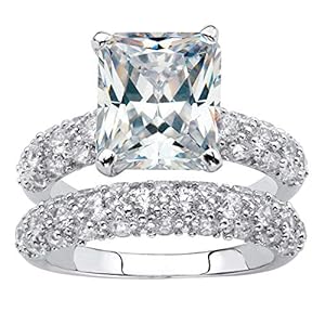 Palm Beach Jewelry Platinum Plated Emerald Cut and Pave Set Cubic Zirconia 2 Piece Bridal Ring Set