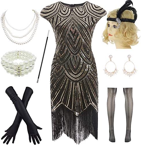 1920s Flapper Gatsby Sequin Scalloped Cocktail Dress w/ 20s Accessories Set