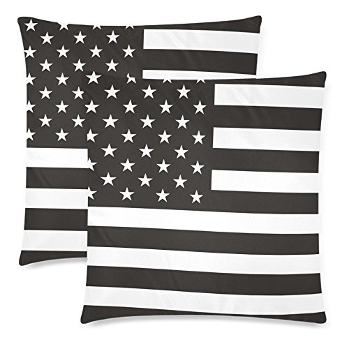 InterestPrint Custom 2 Pack Black and White Patriotic American Flag Throw Pillow Case Covers 18x18 Twin Sides, USA Flag Cotton Zippered Cushion Pillowcase Set Decorative