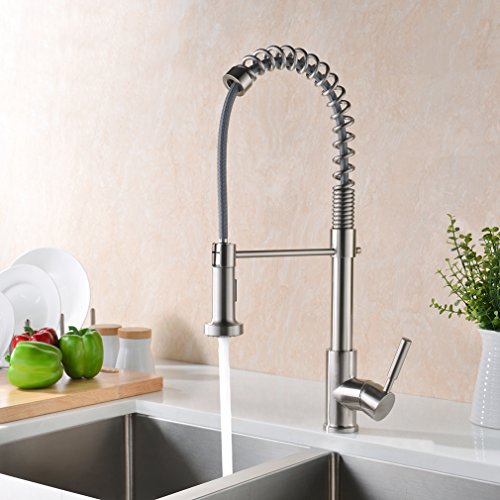 GICASA Upgraded Version Solid Brass Commercial Style Single Handle Pull Out Sprayer Kitchen faucet, Brushed Nickel Stainless Steel Pull Down Kitchen Sink Faucets - Thumbnail 3