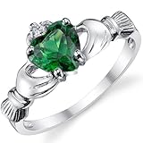 Sterling Silver 925 Irish Claddagh Friendship & Love Ring with Simulated Emerald Green Color Heart Cubic Zirconia