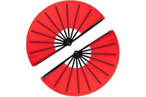 TKOCISA 2 Pack Large Folding Hand Fan, Nylon-Cloth Vintage Retro Fabric Fans, Chinese Kung Fu Tai Chi Hand Fan for Men/Women, Festival, Dance, Gift, Performance, Decorations (Red)