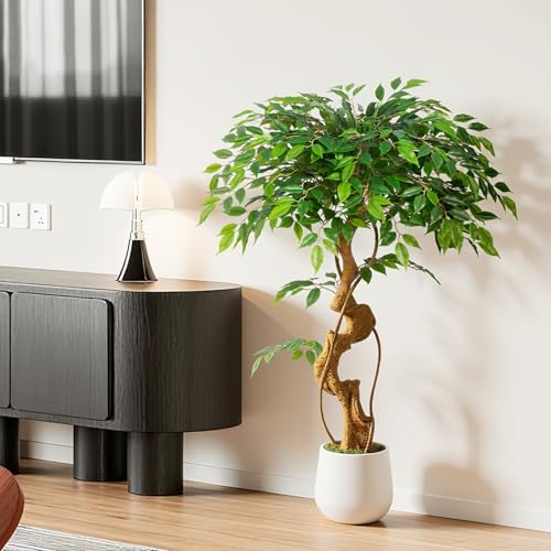 Keeplush - Artificial Ficus Plant, 120cm with White Pot, Real Large Artificial Plants with Curved Trunk and 930 Leaves Artificial Plant for Indoor Living Room Decor