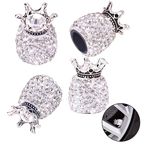 Valve Stem Caps, 4 Pack Handmade Crystal Rhinestone Universal Car Tire Valve Caps Chrome,Attractive Dustproof Bling Car Accessories - White Diamond Crown - Thumbnail 7