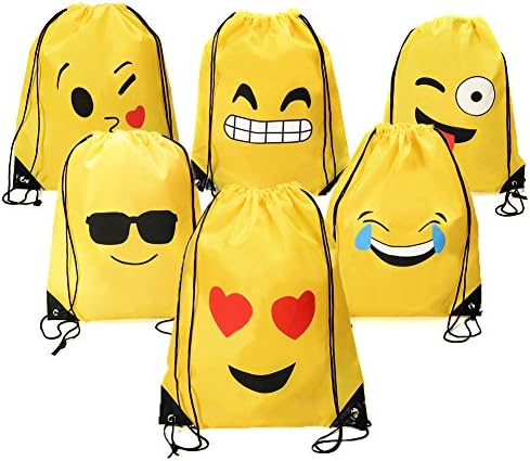 Emoji Drawstring Backpack Bags by Emorefun, 6 Pack Assorted Emoticon Bags Cute Designs Party Favors Supplies Christmas Gifts for Kids Teens Girls Boys