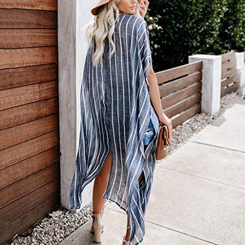 DONTAL Womens Swimsuit Cover up Beach Long Kimono Bathing Suit Striped Print Cardigan Smock Blue - Thumbnail 3
