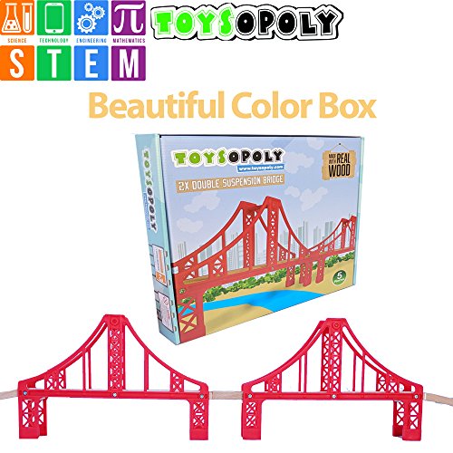 FLASH SALE | Double Suspension Bridge - Deluxe Wooden Toy Accessories For Kids Toddler Boys Girls - Compatible with Thomas Trains Railway, Brio Tracks, and Major Brands. 2x Red Bridges
