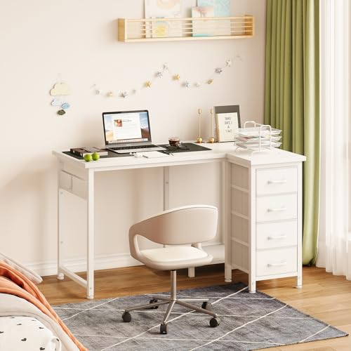 Coleshome Computer Desk with Drawers, 100x70 cm Corner Desk for Home Office, Reversible L Shaped Office Desks White
