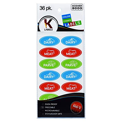 36 Assorted Kosher Labels - 12 Blue Dairy, 12 Red Meat, 12 Green Parve Stickers -Oven Proof up to 500°, Freezable, Microwavable, Dishwasher Safe, English - Color Coded Kitchen Tools by The Kosher Cook