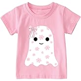 Sineeko Halloween T-Shirts for Toddler Girls Short Sleeve Crew Neck Flower Ghost Pumpkin Bowknot Tees Tops 2-7 Years