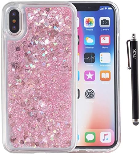 iPhone X Case, iPhone Xs Case, iYCK Soft TPU Bumper and Hard Back Panel Hybrid Flowing Floating Liquid Infused Luxury Bling Glitter Sparkle Protective Case Cover for Apple iPhone X/Xs 5.8inch - Heart