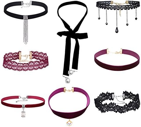 Tpocean8 Pieces Burgundy Black Velvet Gothic Black Pearl Lace Choker Necklaces Diamond Rhinestone Tassel Pendant Neck Choker Set for Women Girls