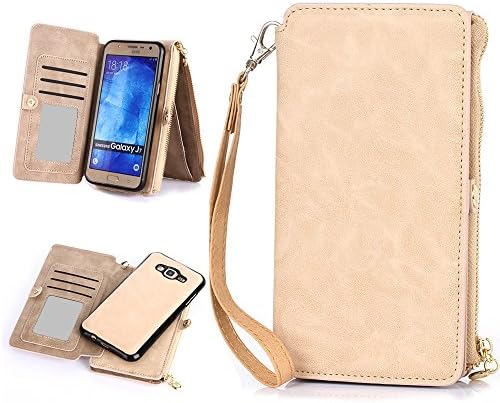 Galaxy J7 Case, Galaxy J7 wallet case, LeCase 12 Card Holder Pro - [Zipper Cash Storage] Premium Button PU Leather Wallet Case Cover With Detachable Magnetic Hard Case For Galaxy J7 (2015), Khaki
