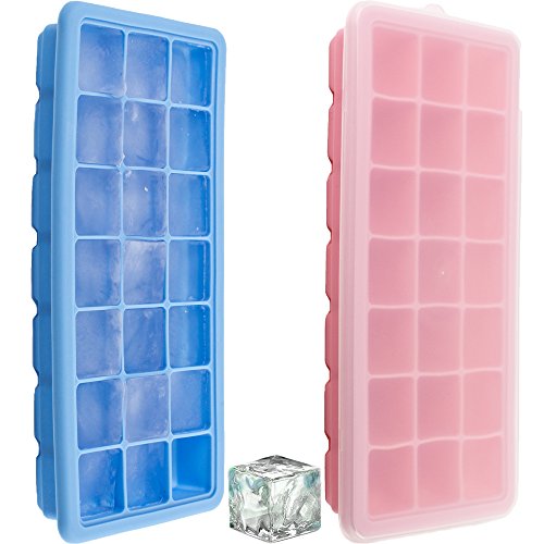 Set of 2 Silicone Ice Cube Trays with Lid Cover – Soft Bottom for One Press Easy Release – 21 Square Shaped Mold Holes – BPA & Odor Free Flexible Rubber - Completely Stackable To Save Freezer Space