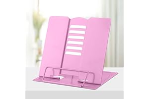 Honagu Book Stand Metal Desk Book Holder, Book Holders for Reading Hands Free, Adjustable Cookbook Documents Holder, Portable Bookstand for Music Books, Textbook, Recipe, Tablet, Ipad (Pink)