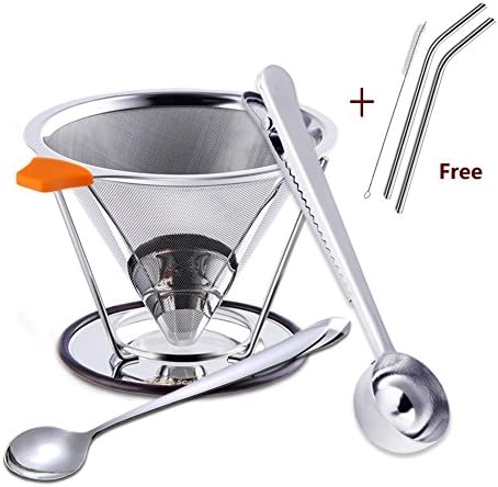 Pour Over Coffee Dripper | Cone Coffee Filter Stainless Steel, with Mixing Spoon and Coffee Scoop by ERZA SCARLET, includes Free Stainless Steel Straws and Brush, 1-4 Cups