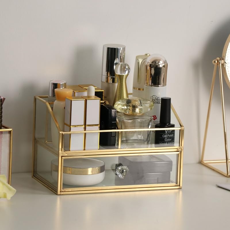 SLHEQING Luxury Gold Makeup Organizer with Drawers, Glass Dressing Table Organiser, Ideal for Vanity and Bathroom