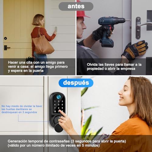 Cerradura Inteligente, Cerradura Chapa Inteligente Exterior, 5 Métodos de Desbloqueo, Cerraduras de Seguridad con Huella APP Contraseña Tarjeta IC Llave, 0.3s Desbloquear, Para Hogar y Apartamento