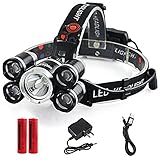 LED Headlamp, Loyalfire 10000 Lumens 5 Headlamp Bright Light Headlight Flashlight 4 Modes XML-T6 LED with Red Light 18650 Rechargeable and Waterproof Switch, for Camping/Travel / Adventure/Running