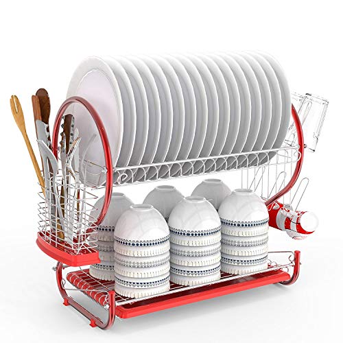 Yealsha 2-Tier Dish Rack Stainless Steel Dish Drying Rack with Removable Drainer Tray & Cutlery Holder for Kitchen Organizer, RED, US Stock,