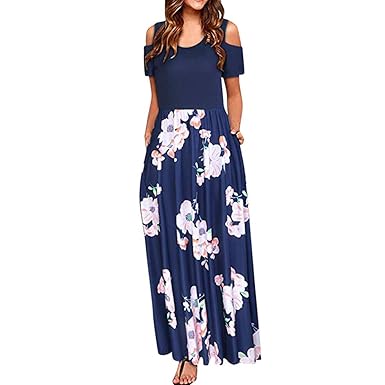 Zegeey Damen Kleid Sommer Kurzarm Schulterfrei Einfarbig Blumenkleid Maxi Kleid A-Linie Kleider Vintage Elegant LäSsige Kleid