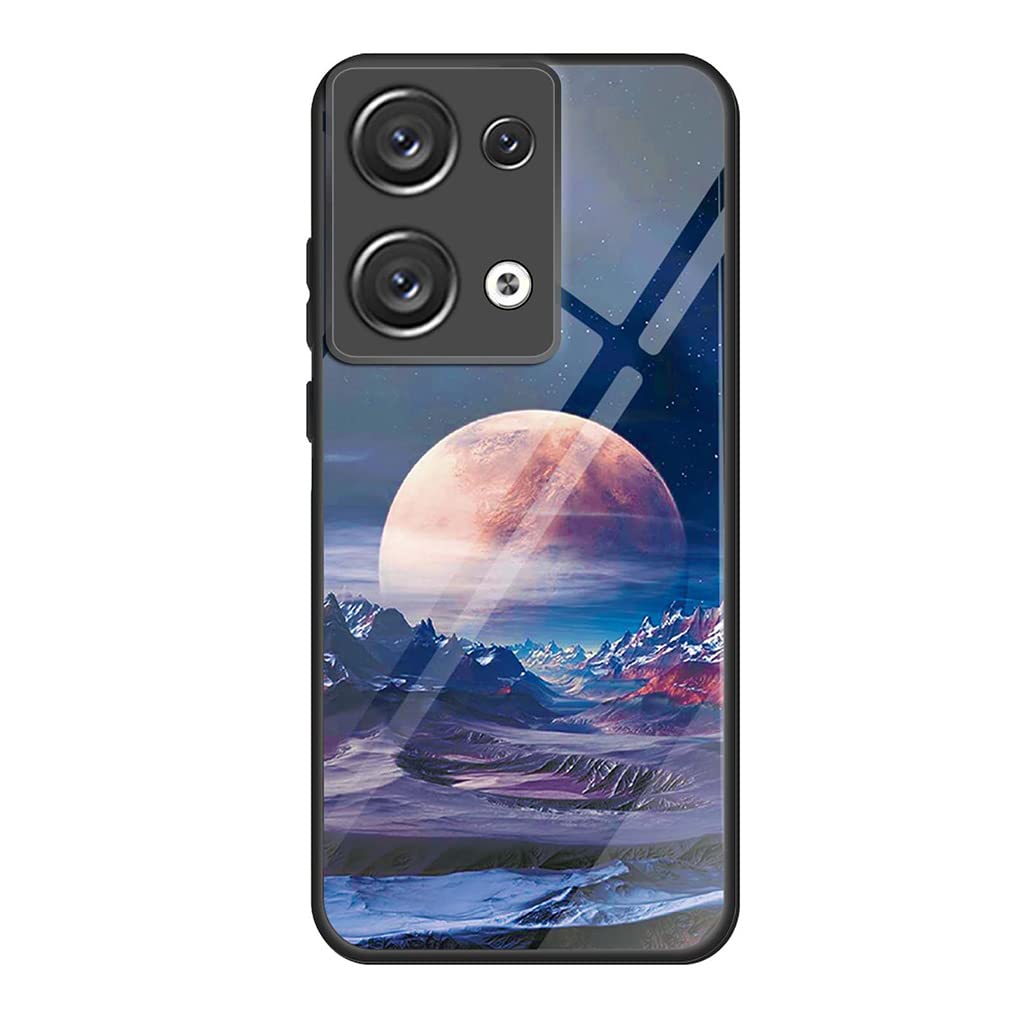 SEAHAI Case for OPPO Reno 8 5G (Reno8 5G), Ultra Thin Elegant Painted Pattern Tempered Glass Hard Back & Soft Silicone TPU Bumper Hybrid Shockproof Cover, Moonlight Song
