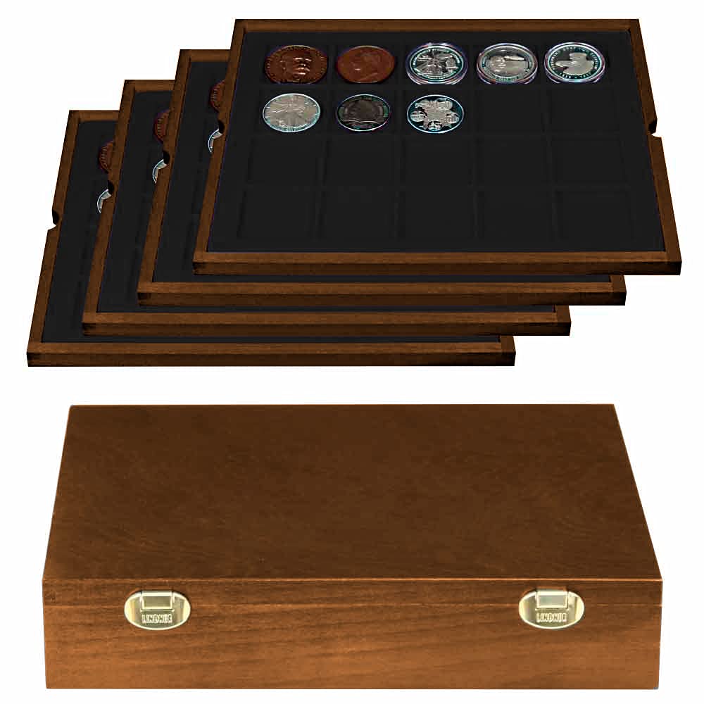 Lindner Real Wood Coin Box with 4 Black Trays for 80 Coins/Coin Capsules up to 47 mm Diameter