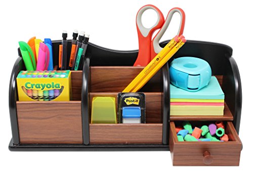 Cherry Brown Wooden Office Desk Organizer With Multiple Shelves/Racks and 1 Drawer for Office Supplies and Desk Accessories - Can be Used on Desktop|Table|Counter in Kitchen or At Work - Thumbnail 3