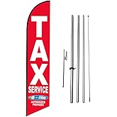 Tax Service E-file Authorized Provider Red Income Tax Service Advertising Feather Banner Swooper Flag Sign with 15 foot Flag Pole Kit and Ground Stake