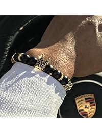 Sevenstone Pulsera de .31 pulgadas con abalorio de corona de rey, para hombre y mujer, piedras de ónice con acabado mate, 7.5 pulgadas