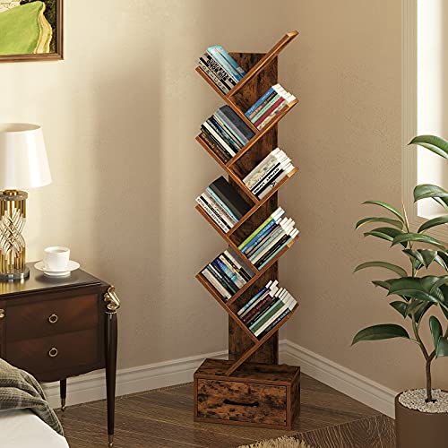 Rolanstar Bookshelf with Wooden Drawer, 9 Shelf Tree Bookshelf, Modern
