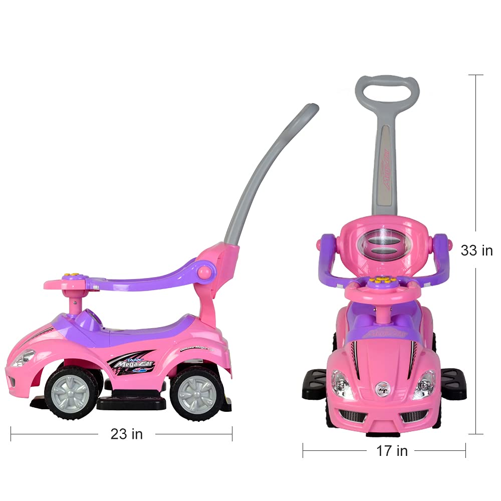 ChromeWheels Push Cars for Toddlers, 3 in 1 Ride on Push Car with Guardrail, Ride on Toys Mega Car w/Push Handle & Horn & Music & Under Seat Storage, Pink