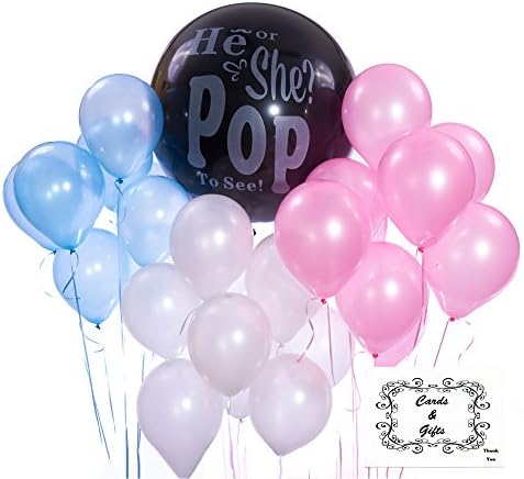 FabStore Baby Girl Gender Reveal Party Pack and Balloon Kit - Black 36 Inch Balloon with Pink Confetti, Colorful 30-Pack of Balloons, 5x7 Tabletop Sign, Plus Game