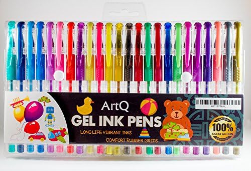ArtQ Gel Pen Set of 24 Glitter/Neon/Metallic & Pastel Great Coloring | Draw Sketch Doodle Art | Personalize Greeting Cards | Fun Creative Gift