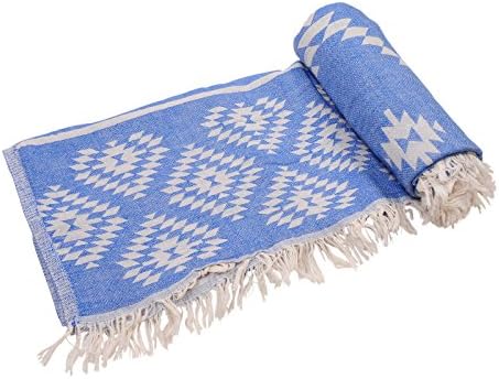 Kilim Turkish Towel Beach Towel Bath Towel Peshtemal Fouta Travel Camping Sauna Pool Spa Hammam Yoga Gym Pilates Pareo Sarong Throw Picnic, Dual-Layer Double-Sided 100% Cotton 39" x 70" (Royal Blue)