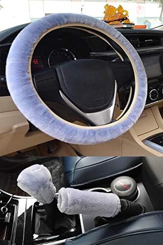 acdiac 3pcs Fuzzy Car Steering Wheel Covers Winter Faux Wool Hand Brake & Gear Cover Set Car Seat Cover Interior Accessories-38cm (Gray for Automatic)