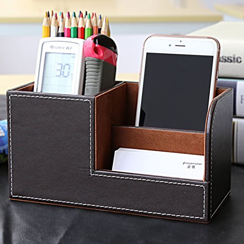 Zubita Multi-Functional Pen Holder, Office Desk Organizer PU Leather Business Cards Holder and Pen Container Desk Supplies Organizer for Pens Pencils Mobile Phone and Cards ( Brown )