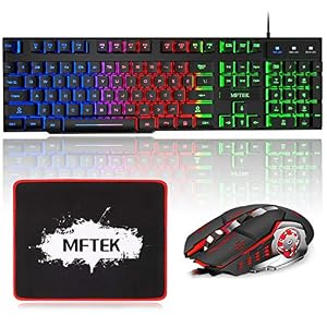 MFTEK Gaming Keyboard and Mouse Combo with Large Mouse Pad, RGB Rainbow Backlit Gaming Keyboard and Illuminated Gaming…