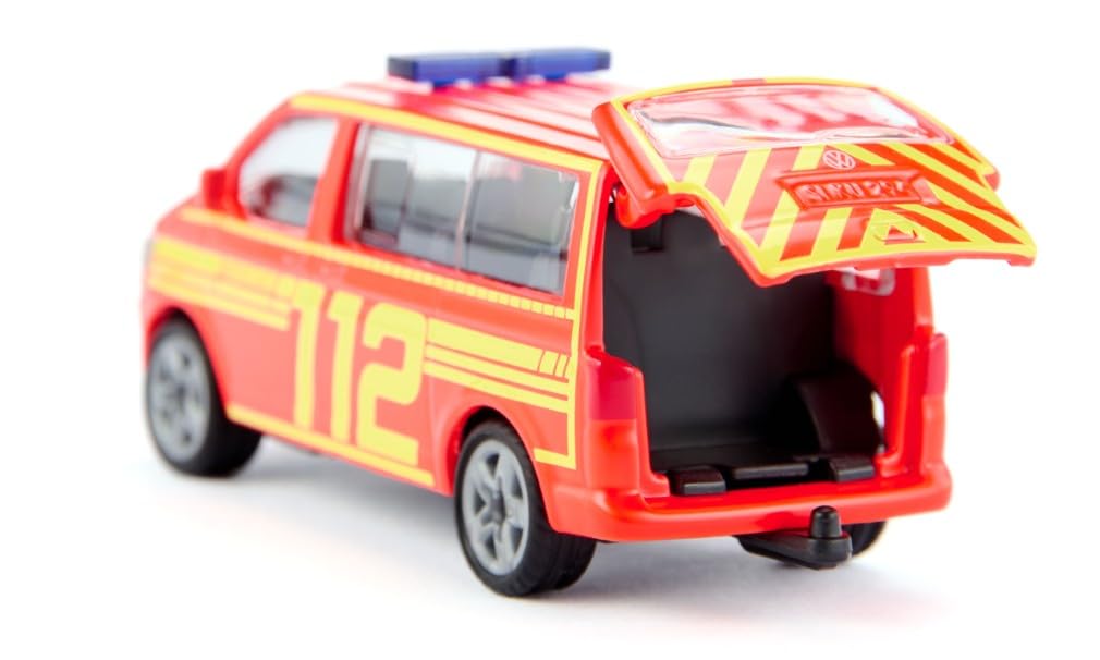 Siku 1547, VW T5 Feuerwehr Einsatzleitung, Metall/Kunststoff, Rot/Gelb, Spielzeugauto für Kinder, Heckklappe zum Öffnen, Anhängerkupplung 3
