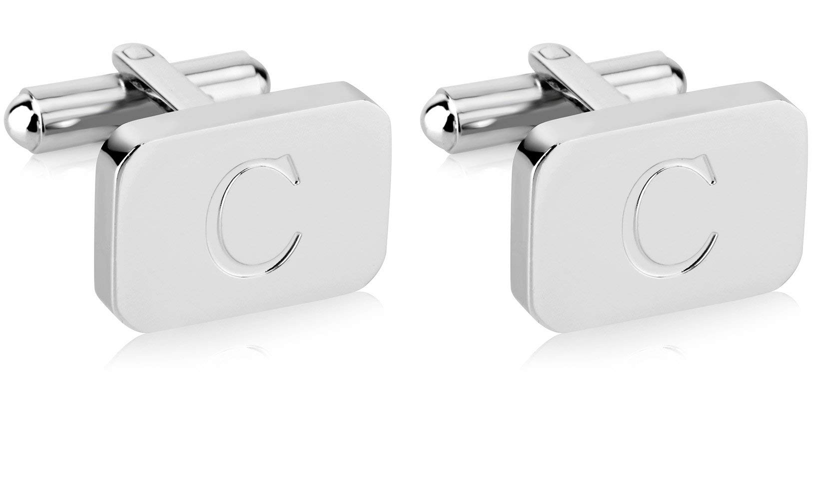 18K White-Gold Plated Initial Engraved Stainless Steel Men’s Cufflinks With Gift Box -Personalized Alphabet Letter’s A-Z By Lux & Pair - Green -